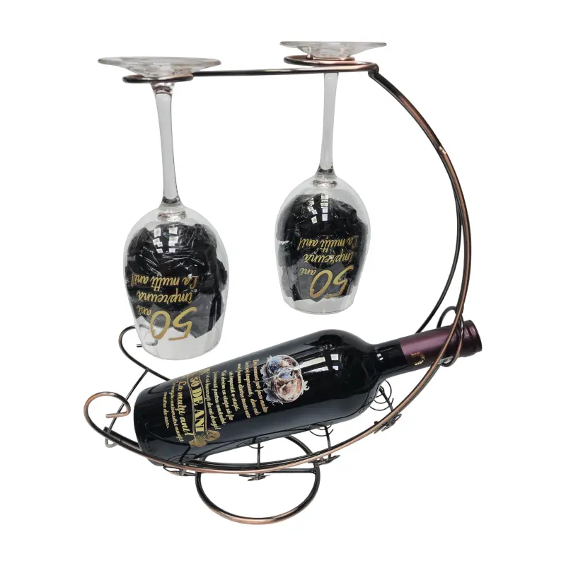 50 de ani aniversare, suport din metal cu sticla vin personalizata cu mesaj si 2 pahare personalizate 50 de ani impreuna